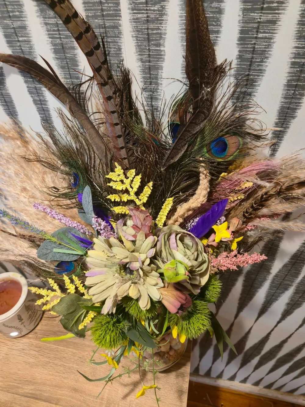 Handmade Boho Peacock Feather Pampas Grass Faux Floral Rustic Cottage Home Decor